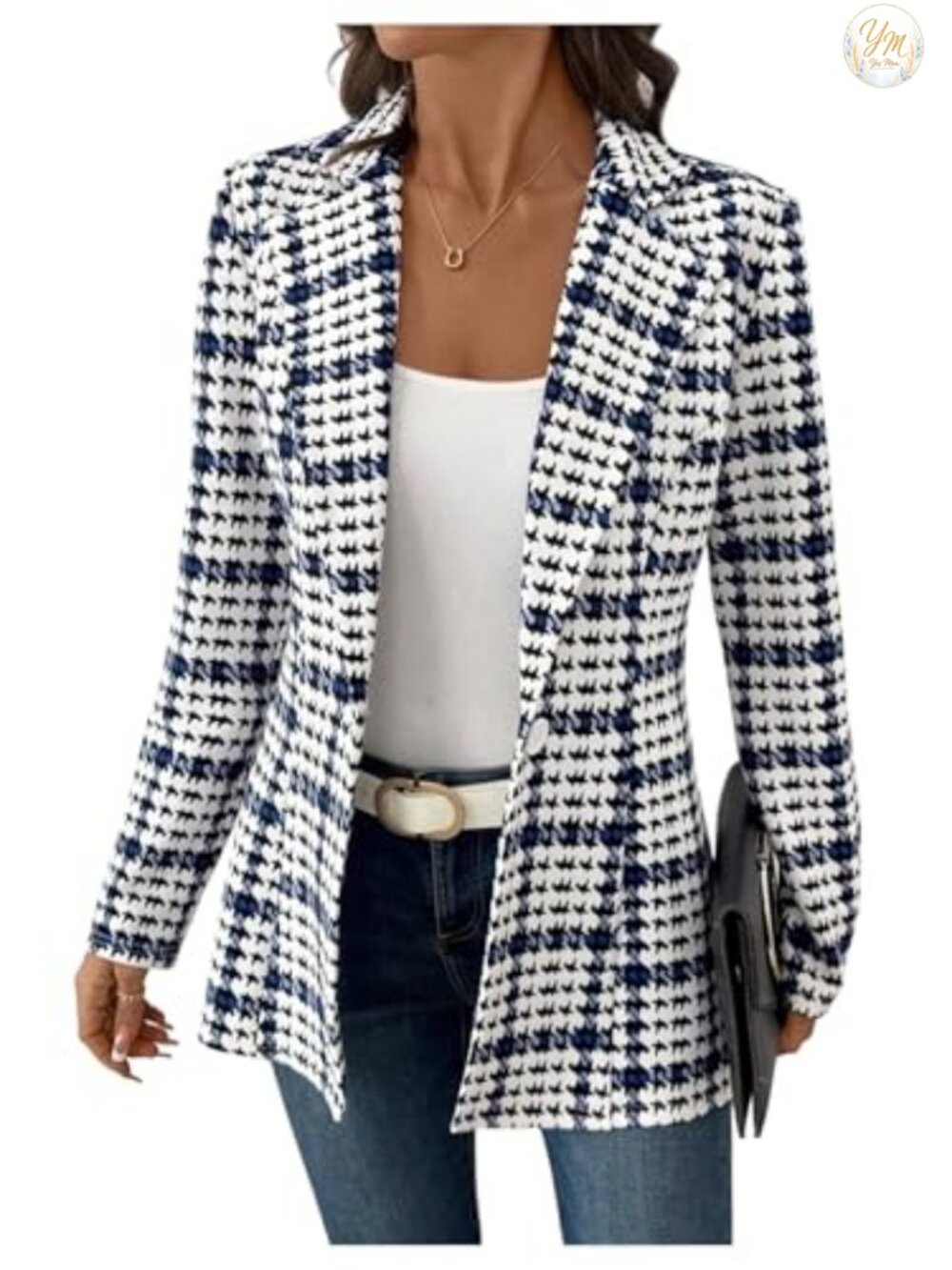 Women's Houndstooth Long Sleeve Blazer Business Casual Jacket Lapel Button Slim